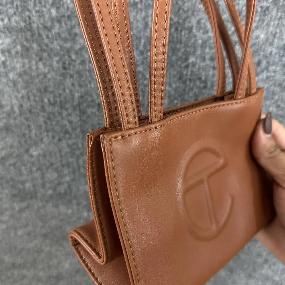 Telfar Small Shopping Bag in Tan Vegan Leather Crossbody Faux Leather Logo Purse